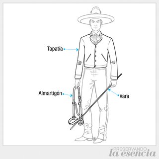 Charro con tapatía, almartigón en la mano y vara en la otra.