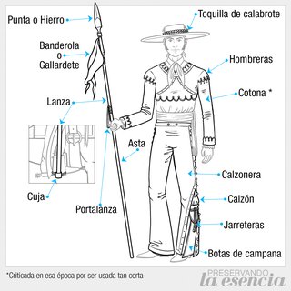 Ranchero antiguo vestido con castoreño, cotona con hombreras, calzonera de tapabalazo, ceñidor, botas de campana y lanza.
