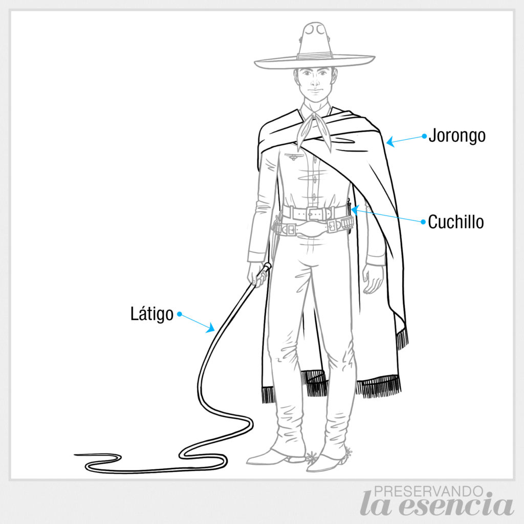 Charro con jorongo, cuchillo y látigo.
