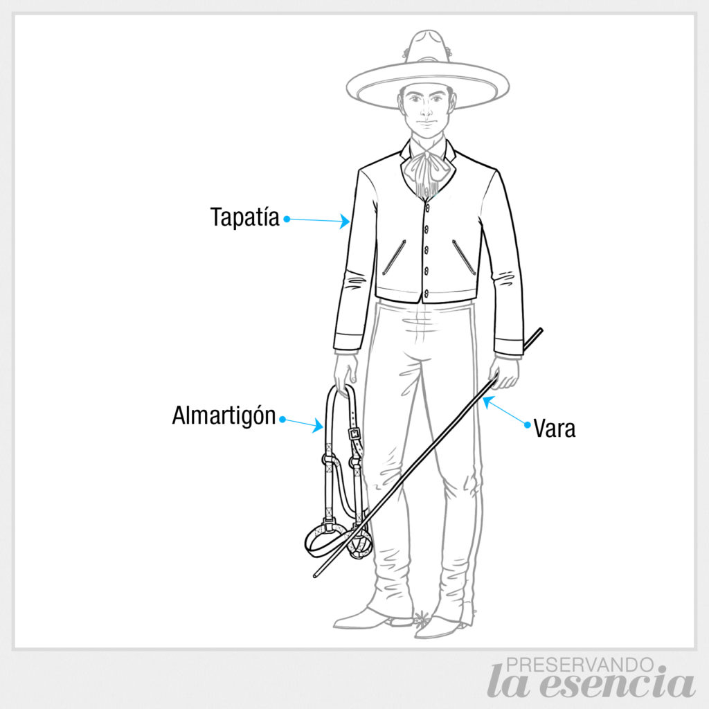 Charro con tapatía, almartigón en la mano y vara en la otra.