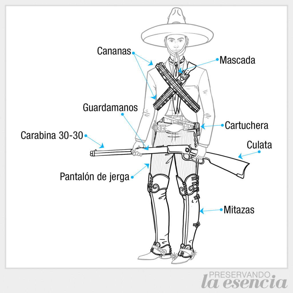 Revolucionario con cananas, carabina, cartuchera, pantalón de jerga y mitazas.